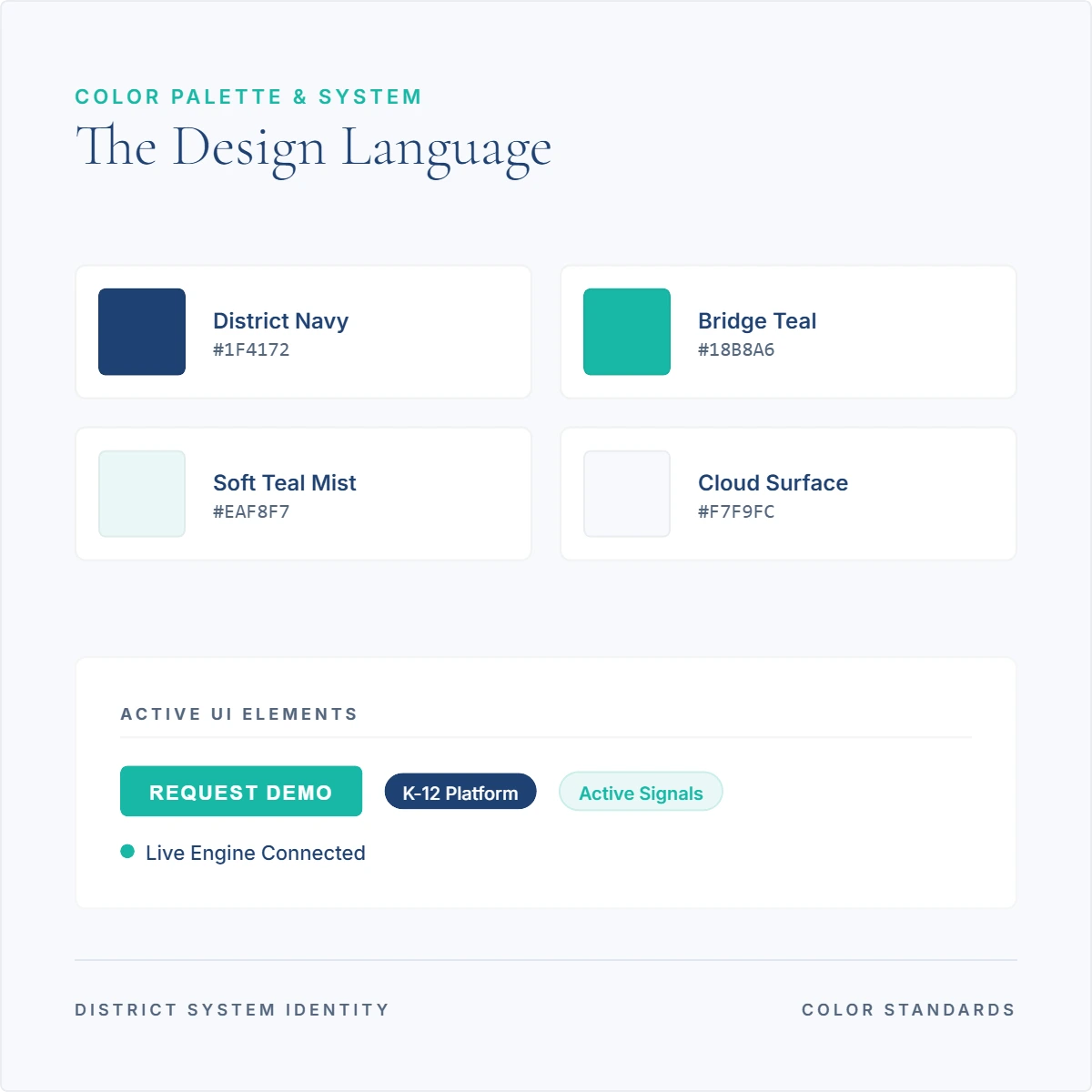 BridgeEd institutional color palette emphasizing calm blues and data status markers