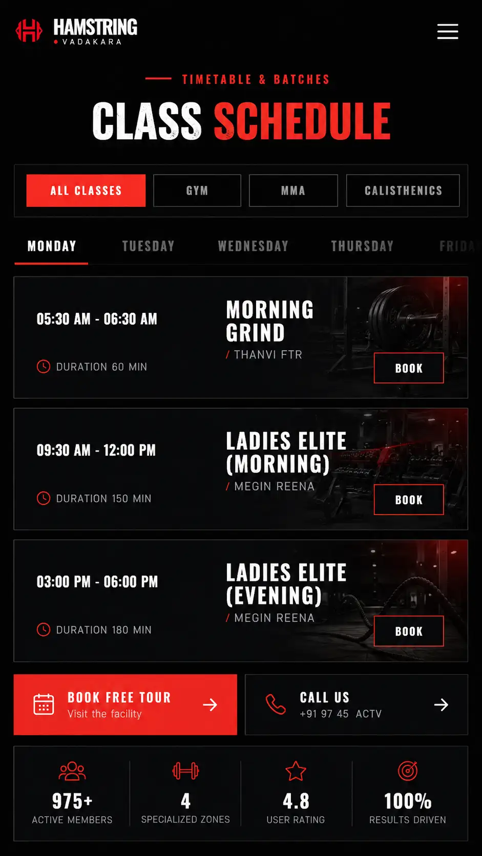 Hamstring Fitness Center interface on mobile