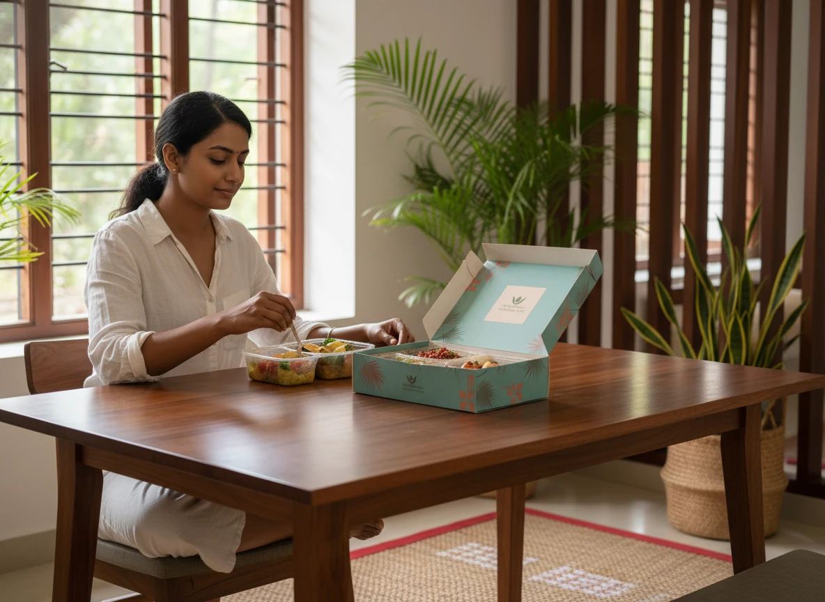 Subscriber enjoying healthy balanced meal box at office desk