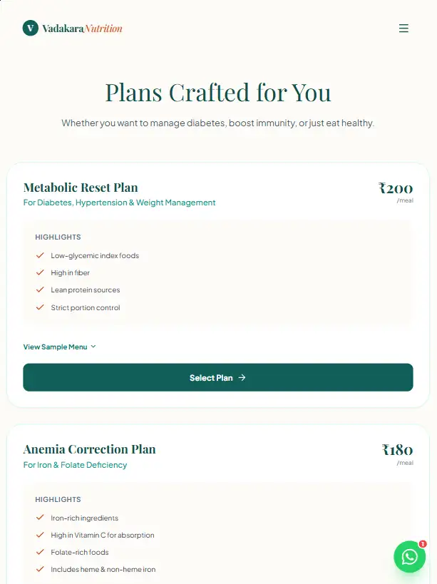 Vadakara Nutrition tablet view of weekly subscription plans and dietary customization